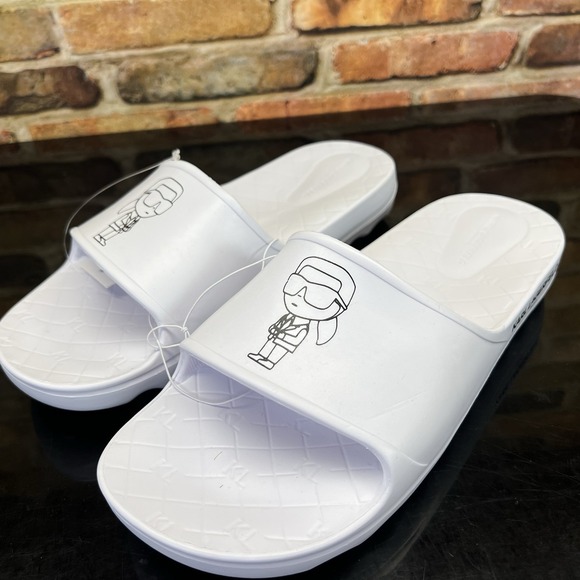 KARL LAGERFELD Paris Mens Size 10 Channel Slip On Slides White Sandals - Picture 1 of 9